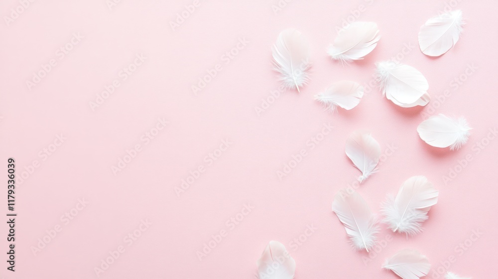 Fototapeta premium Delicate white feathers scattered on a pink background.