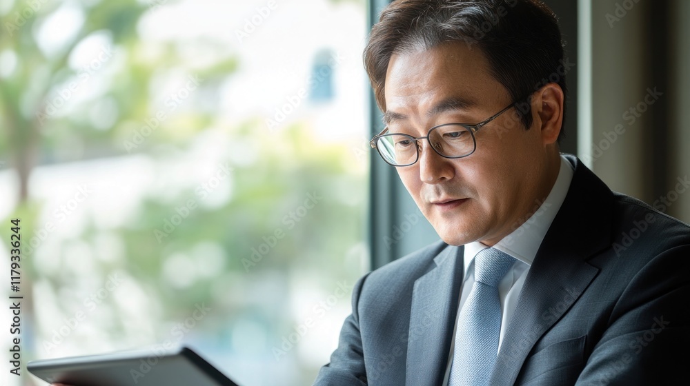 Focused businessman in suit using tablet near window. Focused businessman in suit using tablet near window.