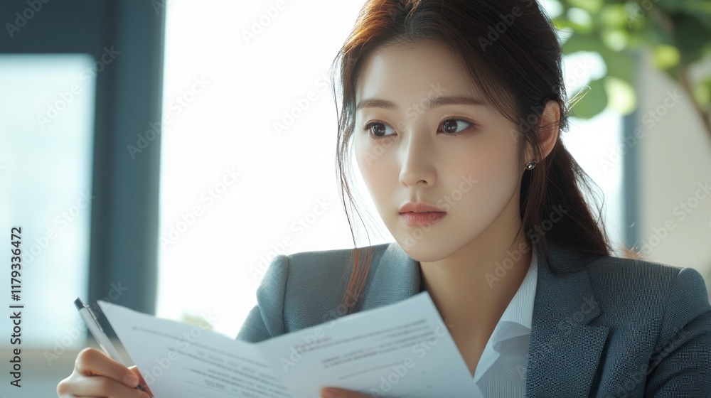 Focused businesswoman reviewing documents in a modern office. (1) Focused businesswoman reviewing documents in a modern office. (1)