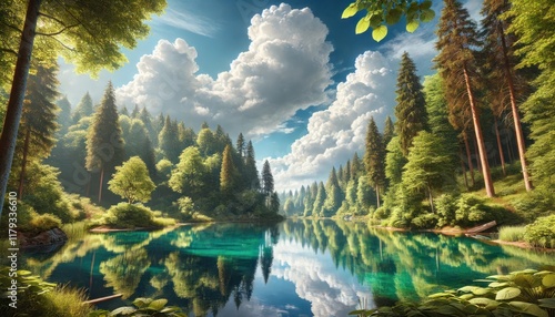 Serene Forest and Crystal-Clear Lake Reflecting Majestic Clouds and Trees photo