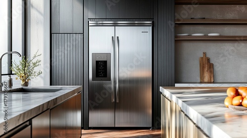 Modern stainless steel refrigerator in a contemporary kitchen with marble countertops and wooden accents. photo