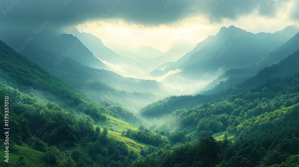 Obraz premium Serene mountain landscape with misty valleys and lush greenery under a cloudy sky.