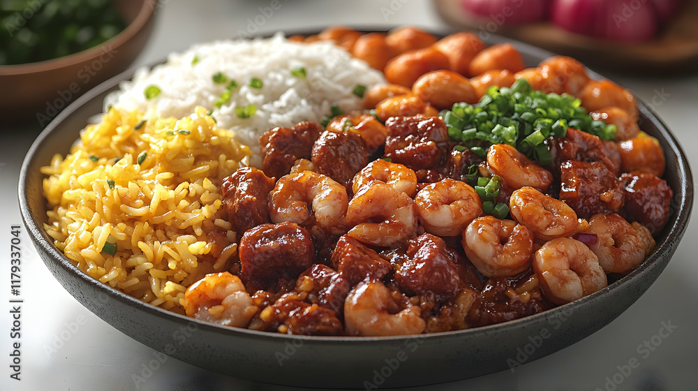 Delicious seafood and meat bowl with rice. Delicious seafood and meat bowl with rice.