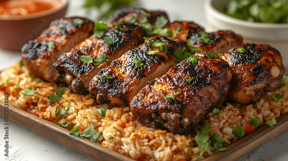 Grilled chicken thighs served on a bed of seasoned rice, garnished with fresh parsley. Grilled chicken thighs served on a bed of seasoned rice, garnished with fresh parsley.