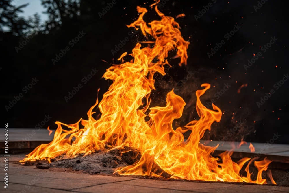 Fototapeta premium Fiery blaze consuming fuel, creating a dramatic display of intense heat and light, with sparks dancing in the dark night sky