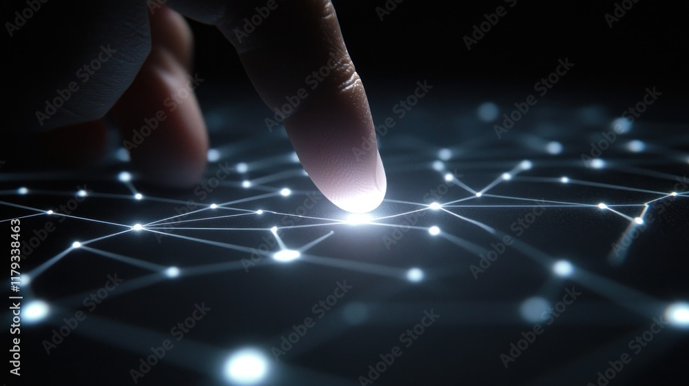 Fototapeta premium Fingertip interacting with glowing network nodes on a dark surface. (1)