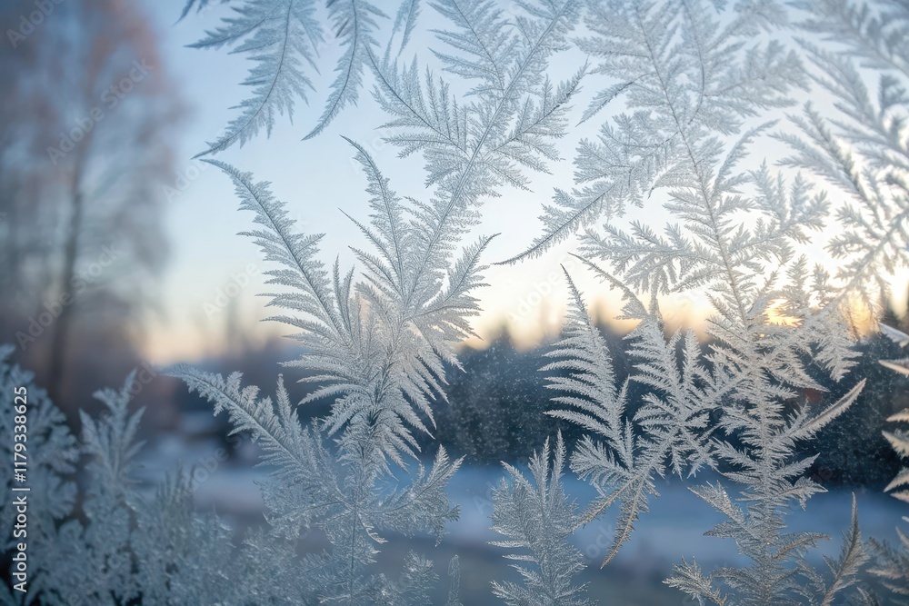 Intricate Frost Patterns on a Window Pane, Revealing a Softly Lit Winter Landscape Intricate Frost Patterns on a Window Pane, Revealing a Softly Lit Winter Landscape