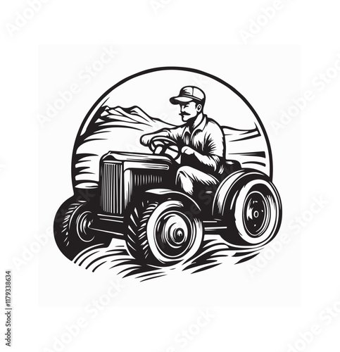 Farmer Driving a Vintage Tractor  design logo vector on white background.