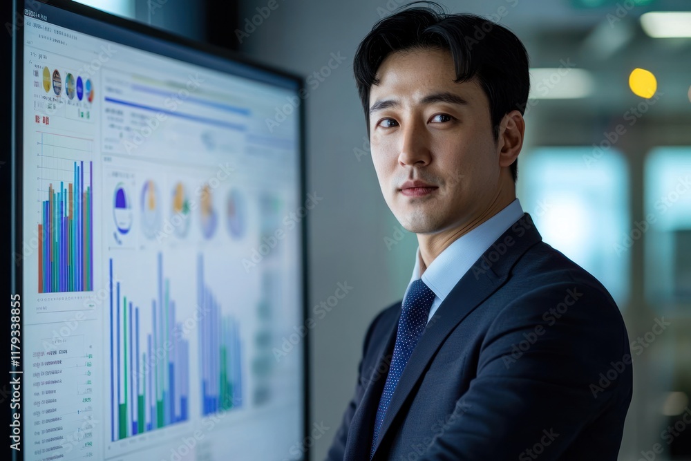 Fototapeta premium Confident businessman reviewing data on a large monitor in a modern office.