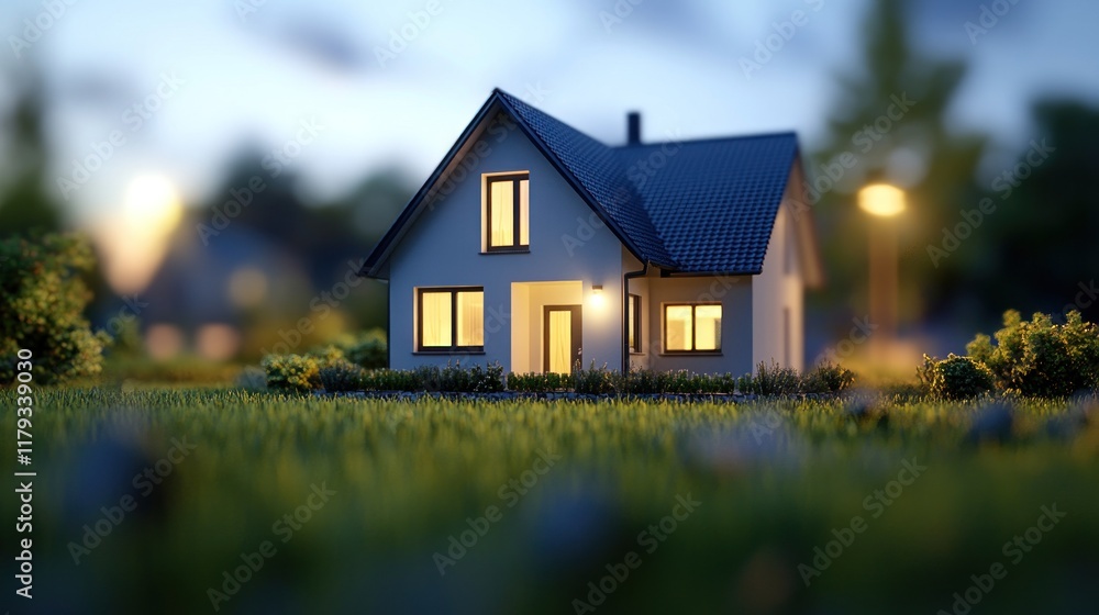 Illuminated suburban house model at dusk on grassy lawn. Illuminated suburban house model at dusk on grassy lawn.
