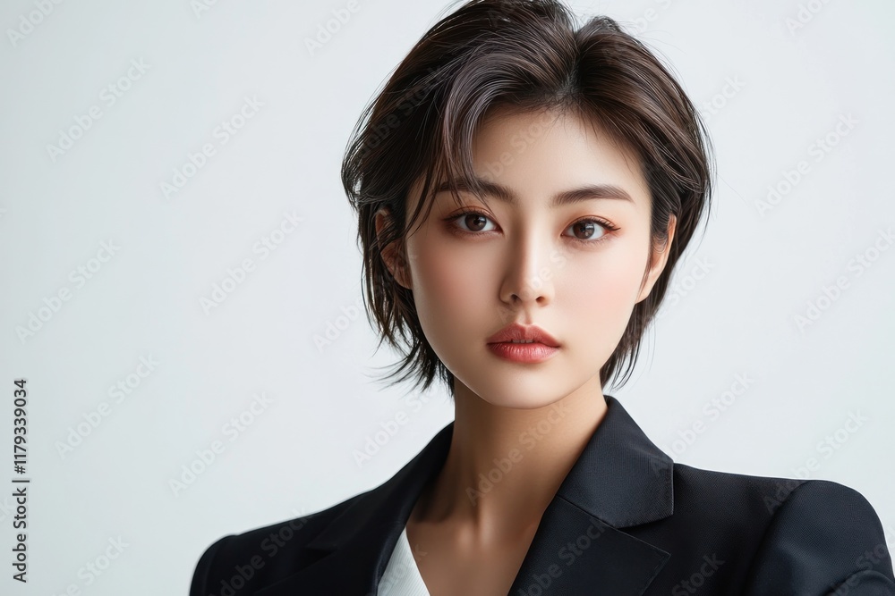 Portrait of a young Asian woman with short hair wearing a black blazer, looking directly at the camera. Portrait of a young Asian woman with short hair wearing a black blazer, looking directly at the camera.