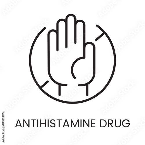 An icon of a hand with a circular frame in vector, symbolizing allergy protection and antihistamine drugs, with an editable stroke