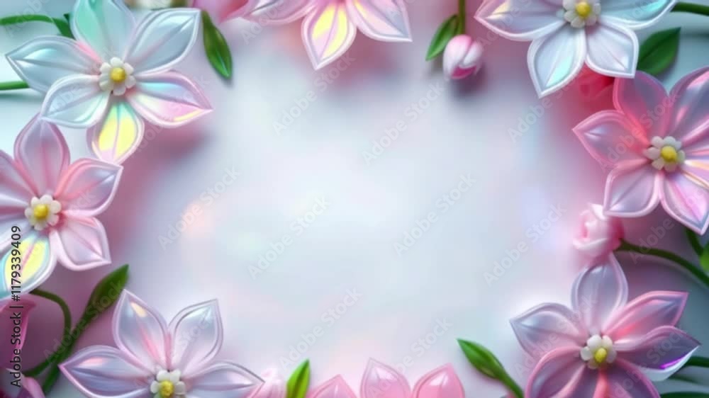 Floral frame with flowers shimmering holographic glares on pastel background, greeting cards, advertising, promotions, flower shops, events, Copy space. Floral frame with flowers shimmering holographic glares on pastel background, greeting cards, advertising, promotions, flower shops, events, Copy space.