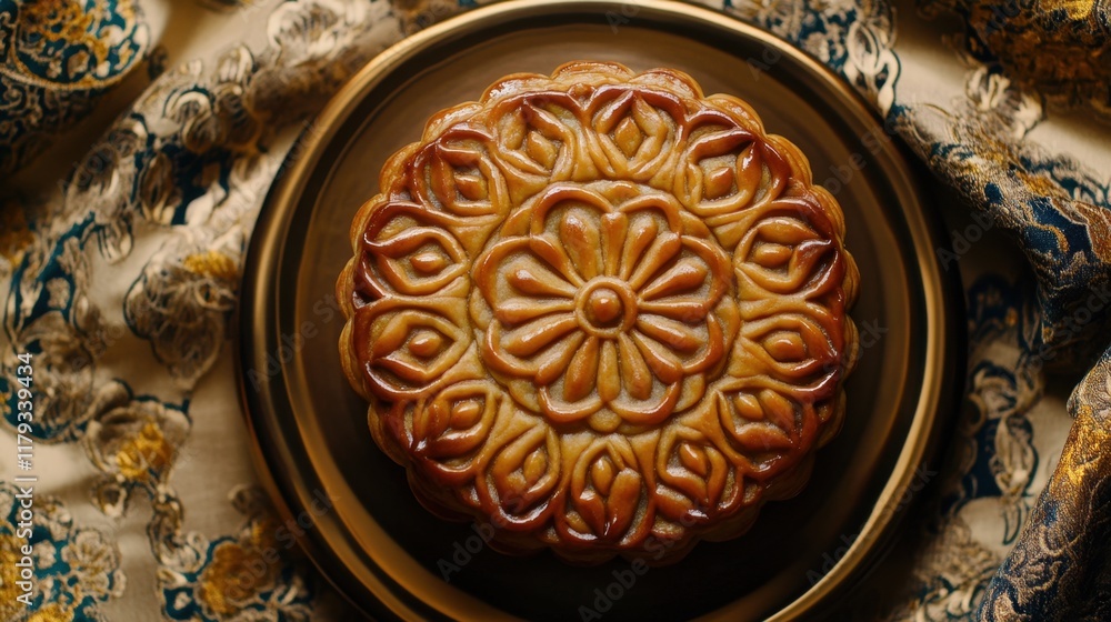 A glossy, intricately designed mooncake sits on a plate, symbolizing prosperity and tradition in the heart of Chinese New Year celebrations. A glossy, intricately designed mooncake sits on a plate, symbolizing prosperity and tradition in the heart of Chinese New Year celebrations.