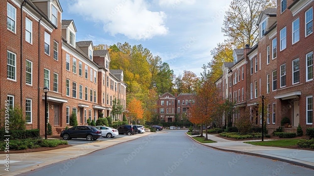 Obraz premium Newly Constructed Townhomes in a Modern, Upscale Neighborhood, with Lush Greenery on a Sunny Day