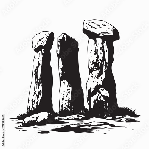 Mysterious Standing Stones image Vector. Black and white Mysterious Standing Stones image.