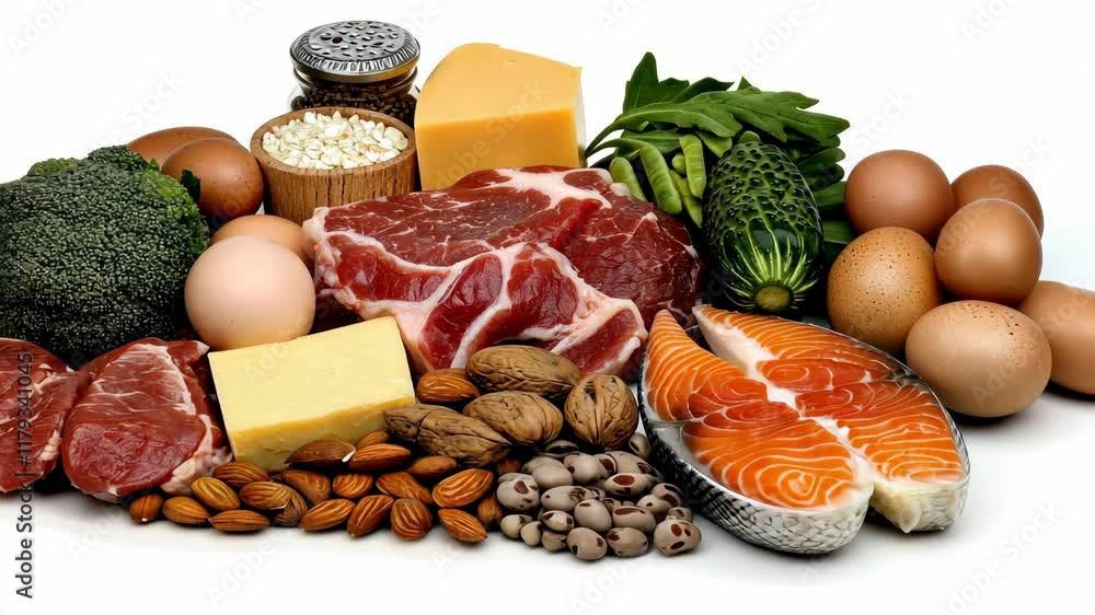 A colorful array of fresh meats, vegetables, and dairy products is displayed on a table, showcasing ingredients for meal prep A colorful array of fresh meats, vegetables, and dairy products is displayed on a table, showcasing ingredients for meal prep