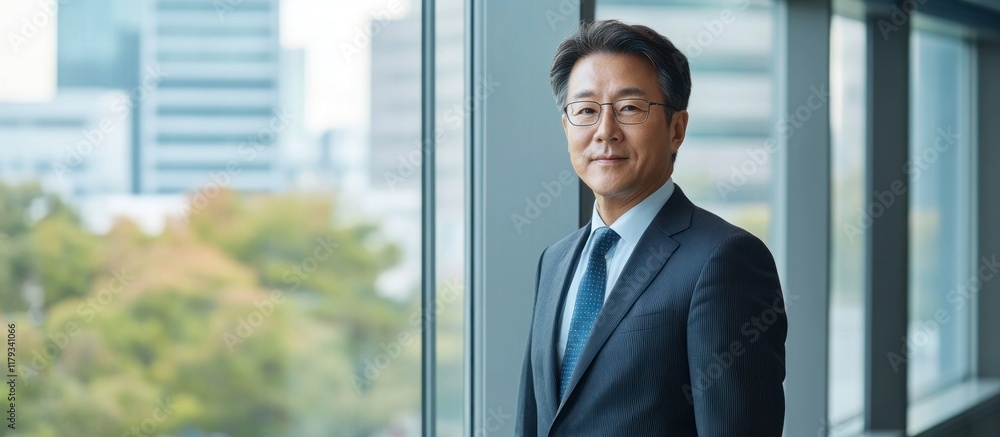 Confident Asian businessman stands by office window, city view. Confident Asian businessman stands by office window, city view.