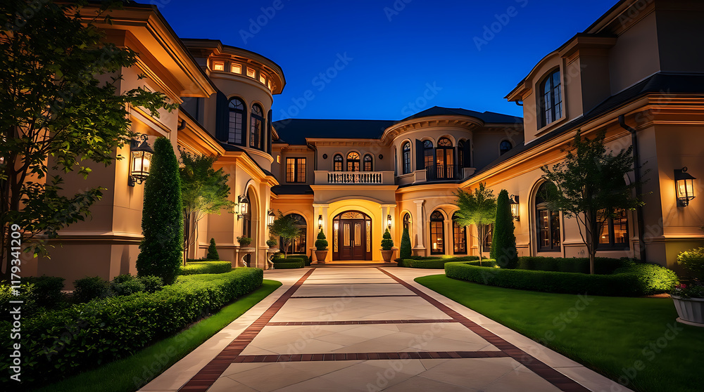 Nighttime View of a Multi-Story Mansion with Landscaped Driveway Nighttime View of a Multi-Story Mansion with Landscaped Driveway