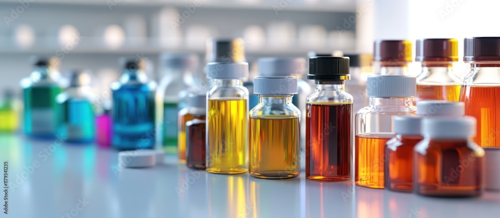 Colorful vials and bottles in a lab setting. Colorful vials and bottles in a lab setting.