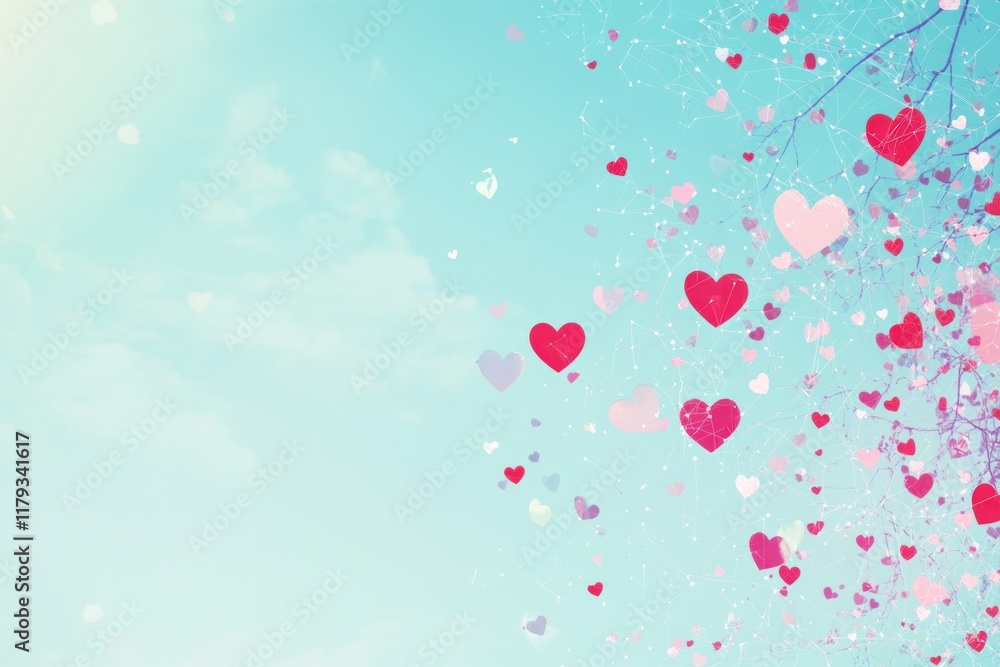 Pastel pink and red hearts falling on a blue sky background. Pastel pink and red hearts falling on a blue sky background.