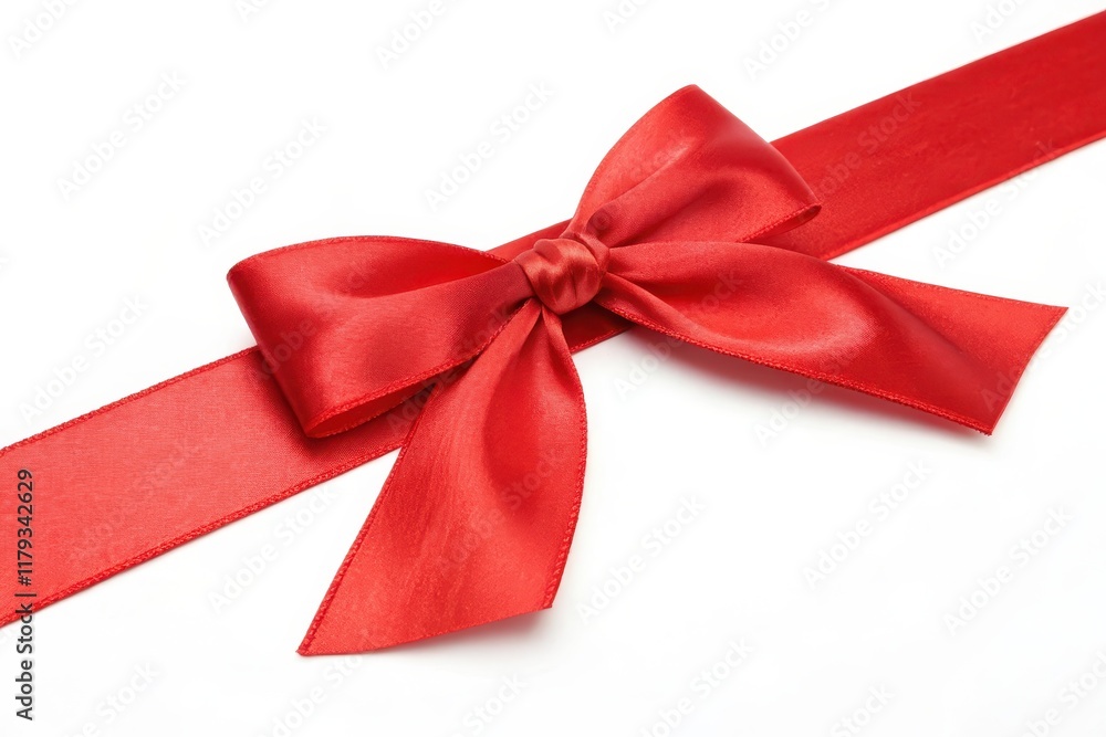 A single vibrant red satin ribbon bow, elegantly tied, rests on a pristine white background. A single vibrant red satin ribbon bow, elegantly tied, rests on a pristine white background.