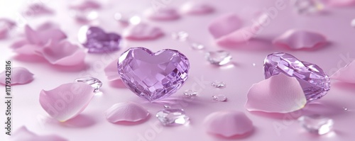 Wallpaper Mural Two purple crystal hearts and pink rose petals on pink background. Torontodigital.ca