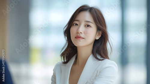 Confident young Asian businesswoman in a modern office setting. Free Download Confident young Asian businesswoman in a modern office setting. - GFXLoad