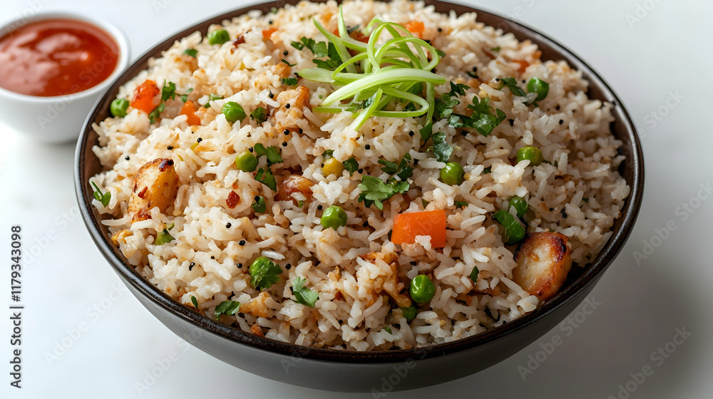 Delicious vegetable fried rice in a bowl with a side of chili sauce. Delicious vegetable fried rice in a bowl with a side of chili sauce.