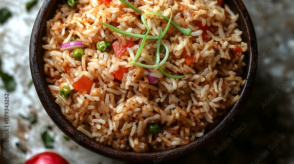 Delicious fried rice with vegetables in a bowl. Delicious fried rice with vegetables in a bowl.