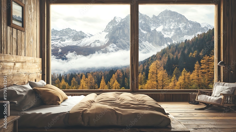 A bedroom with a large window overlooking a mountain range A bedroom with a large window overlooking a mountain range