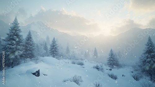 Wallpaper Mural Serene Winter Landscape: Snow-Covered Pines and Misty Mountains Torontodigital.ca