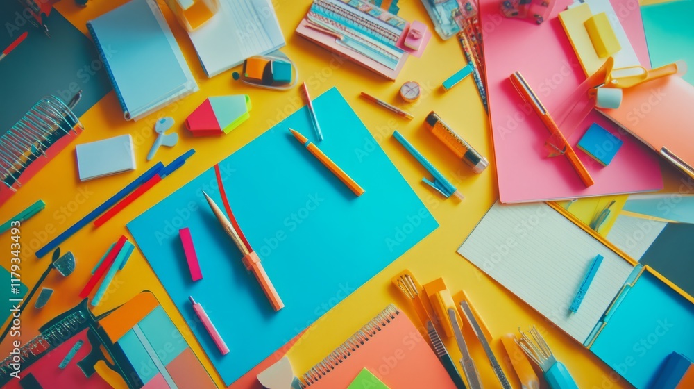 Work place of a creative person with a variety of colorful stationery objects Work place of a creative person with a variety of colorful stationery objects