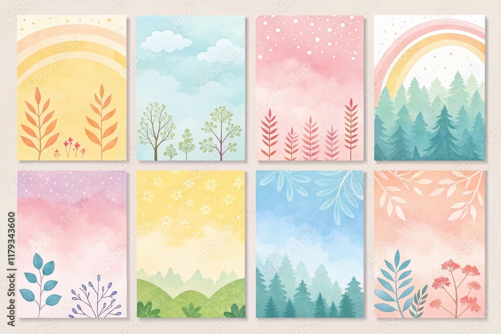 Pastel Watercolor Nature Cards Eight Seasonal Designs Featuring Rainbow, Trees, Flowers, and Leaves for DIY Projects Pastel Watercolor Nature Cards Eight Seasonal Designs Featuring Rainbow, Trees, Flowers, and Leaves for DIY Projects