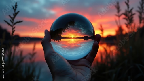 A lone figure silhouetted against the fiery orange sunset, where the sun kisses the earth's blue sphere photo