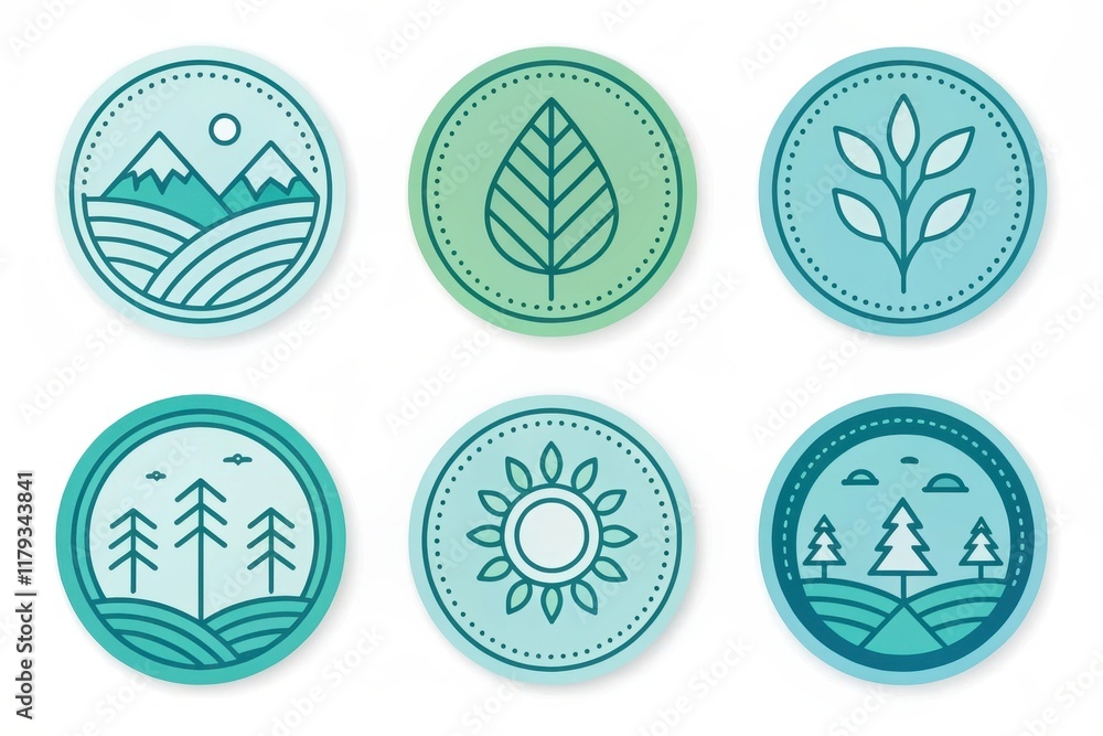 A Collection of Six Circular Nature-Inspired Line Art Designs Featuring Mountains, Leaves, Branches, Trees, and Sun A Collection of Six Circular Nature-Inspired Line Art Designs Featuring Mountains, Leaves, Branches, Trees, and Sun