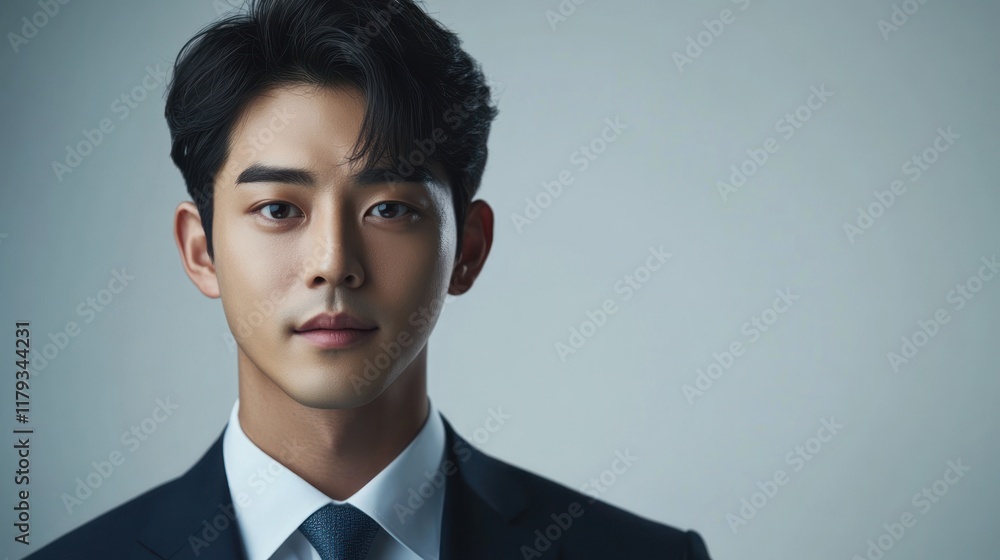 Close-up portrait of a young Asian man in a suit, looking directly at the camera. Close-up portrait of a young Asian man in a suit, looking directly at the camera.
