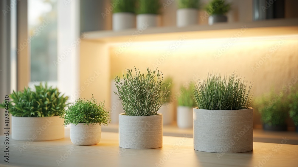 Fototapeta premium Attractive indoor plants arranged on a wooden surface with soft lighting in a modern space. Generative AI