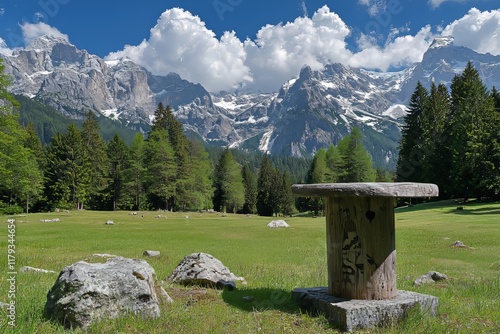 Surrounded by the towering mountains of the Italian Alps, an alpine forest can be found at Monte Rosa, in Alagna Valsesia, Piedmont, Italy, Europe photo