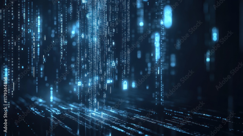 Digital rain with glowing blue data streams flowing downward in a futuristic setting. Generative AI Digital rain with glowing blue data streams flowing downward in a futuristic setting. Generative AI