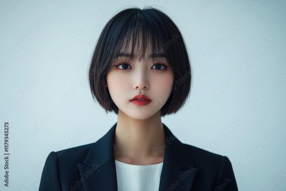 Portrait of a young Asian woman with bob haircut wearing a black blazer, looking directly at the camera. Portrait of a young Asian woman with bob haircut wearing a black blazer, looking directly at the camera.