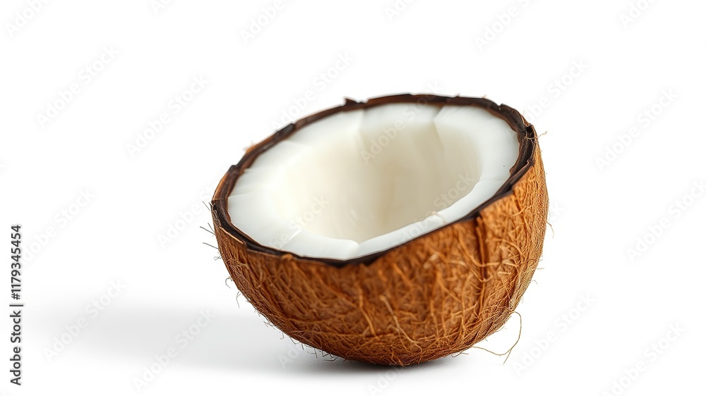 Half Coconut, Fresh Tropical Fruit, Close-up, Bright, Photorealistic Half Coconut, Fresh Tropical Fruit, Close-up, Bright, Photorealistic