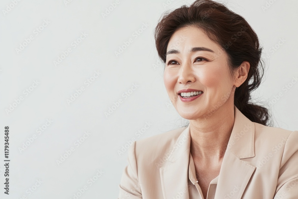Smiling mature Asian woman in beige blazer looking away. Smiling mature Asian woman in beige blazer looking away.