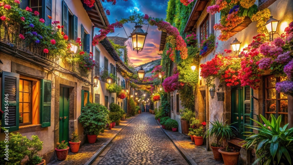 Fototapeta premium Surreal Alleyways of Funchal, Madeira: Enchanted Streets, Vibrant Colors, Dreamlike Landscapes, and Mystical Elements
