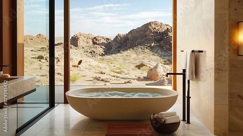 A large bathtub with a view of the desert outside