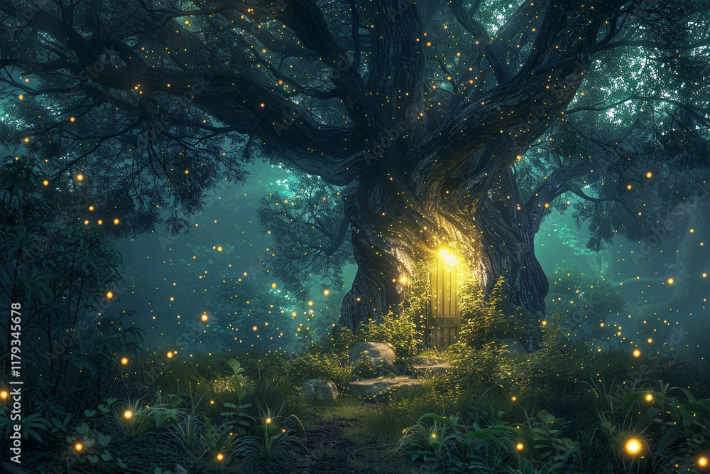 Obraz premium Fantastically beautiful door in wild forest leading to deep unknown, abstract vivid composition consists of fictional unreal fantastic vision on background