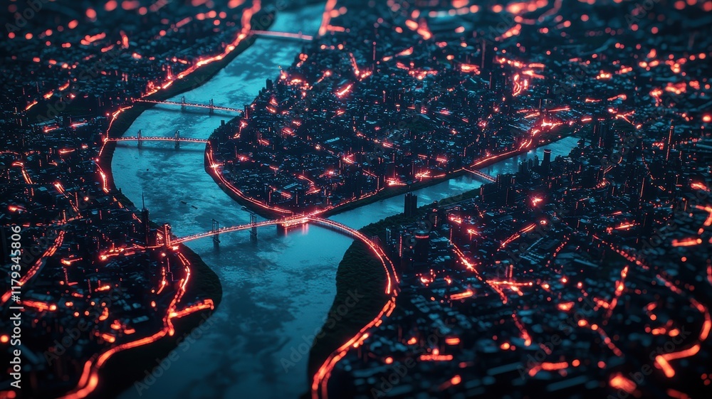 Futuristic Cityscape at Night Illuminated Streets River and Bridges Futuristic Cityscape at Night Illuminated Streets River and Bridges