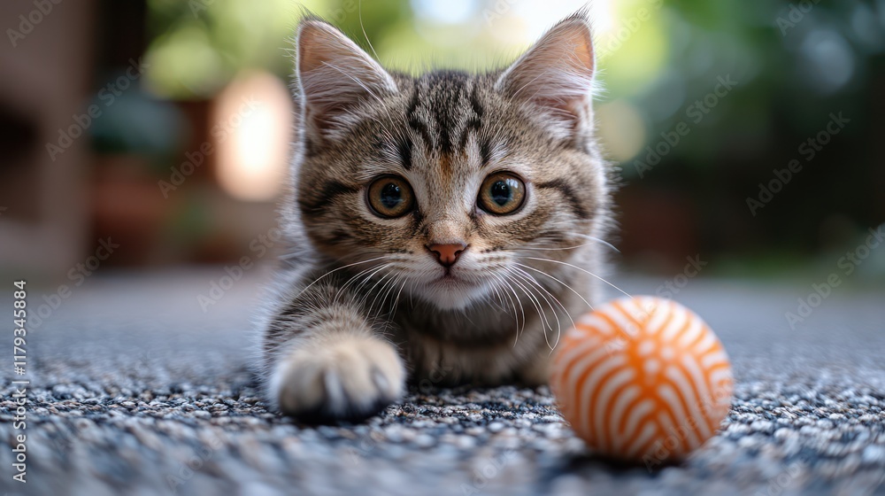 Fototapeta premium Adorable Kitten Playing with a Toy Ball