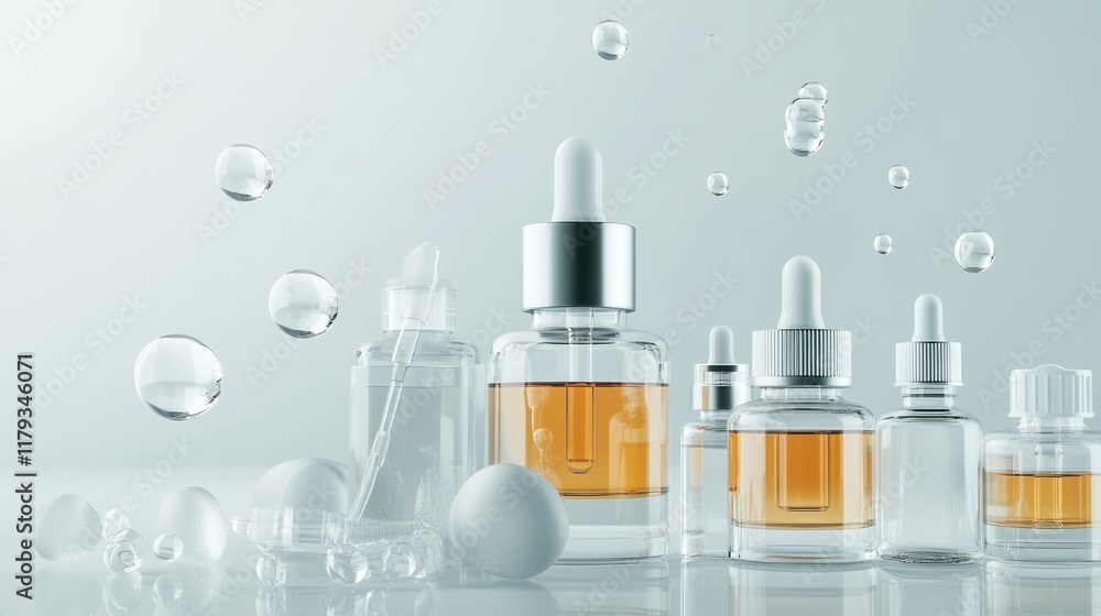 Glass dropper bottles with serum, bubbles, and cosmetic spheres on white background. Glass dropper bottles with serum, bubbles, and cosmetic spheres on white background.