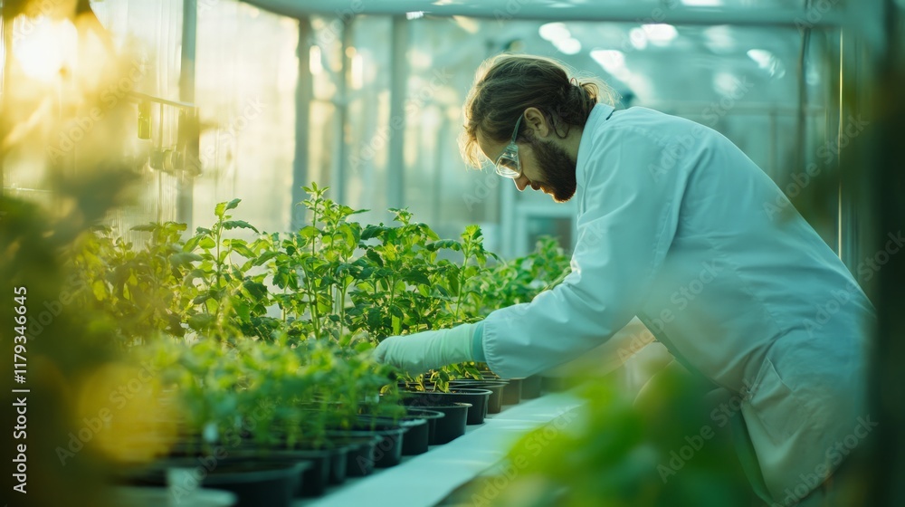 Researcher cultivating plants in greenhouse botanical study indoor environment close-up view sustainable agriculture Researcher cultivating plants in greenhouse botanical study indoor environment close-up view sustainable agriculture